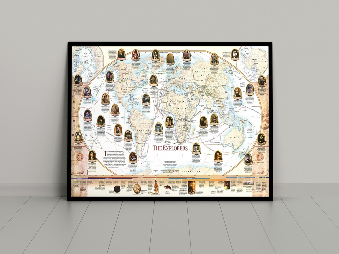 World Map With Explorers Print Map of the World Poster World Cartography Home Decor Wall Art ...