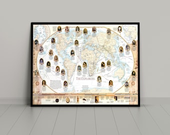 World Map With Explorers Print | Map Of The World Poster | World Cartography | Home Decor | Wall Art | World Map Discoveries | Gift