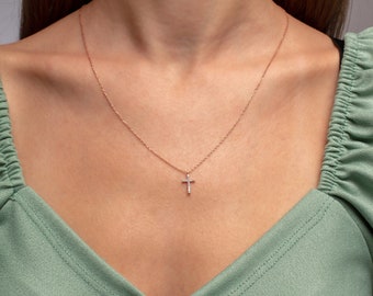 14K Solid Gold Cross Necklace For Her , Religious Gold Cross Charm Necklace For Mother , Dainty 14K Solid Gold Cross  Birthday Gift