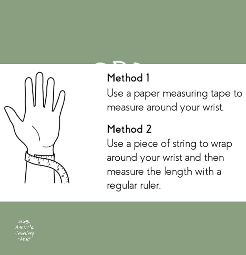 Op de afbeelding: Twee methoden om de maat van je pols te meten voor armbanden. Methode 1: Gebruik een papieren meetlint. Methode 2: Gebruik een stuk touw en meet dan de lengte met een liniaal.