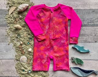 Child long sleeve Rashsuit, UPF 50 sunsuit with zip, eco rash guard, kids recycled plastic beachwear, neon handmade swimmers, baby rashsuit,