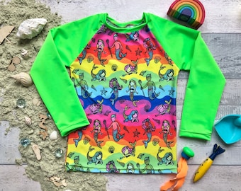 Child long sleeve Rash vest, recycled UPF 50 rashguard, eco rash top, kids recycled plastic beachwear, neon handmade swimmers, baby swim top