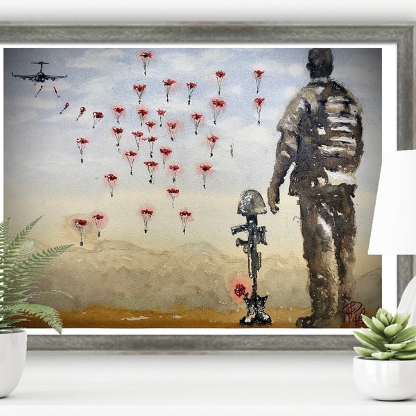 Poppy Parachute Original Watercolour Military Print or Original Painting