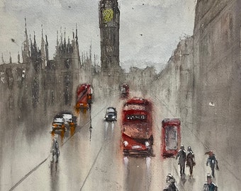 London Red Bus Original Watercolour Painting or Print Large A3