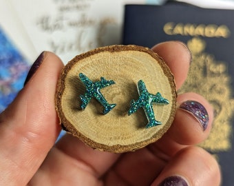 Teal Plane Stud Earrings - Sparkle Aircraft Studs - Hypoallergenic Stainless Steel Posts