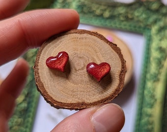 Red Sweetheart Studs - Tiny Wooden Heart Stud Earrings - Hypoallergenic Stainless Steel Posts - Valentines Day Earrings