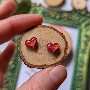 Red Sweetheart Studs - Tiny Wooden Heart Stud Earrings - Hypoallergenic Stainless Steel Posts - Valentines Day Earrings