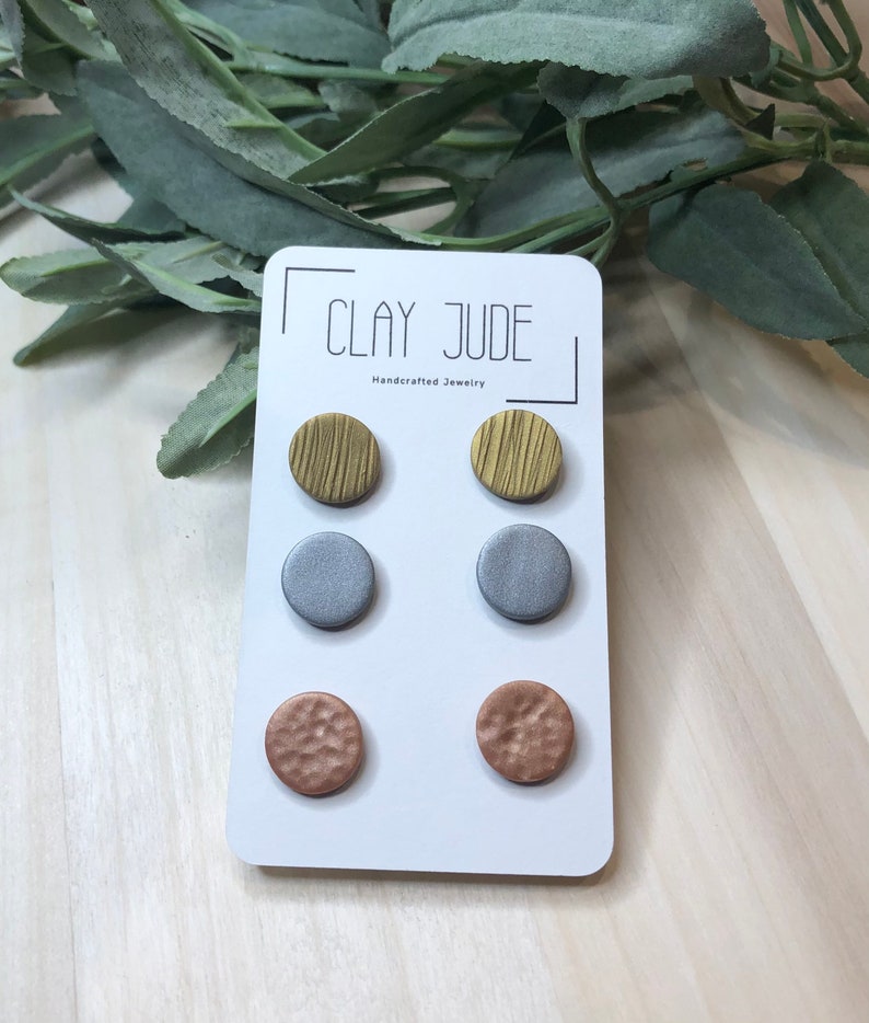 Hammered Metal Textured. Gold Polymer Clay Earring Silver Lightweight and Hypoallergenic Copper Minimalist Stud
