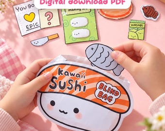 Utskrivbar kawaii sushi-blindpåse, gör-det-själv-papperssquishy-kit (digital nedladdning)