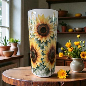 May include: A white ceramic vase featuring a design of yellow sunflowers and green leaves. The vase is tall and cylindrical, placed on a wooden table. A small vase of yellow flowers is also present, echoing the sunflower theme.