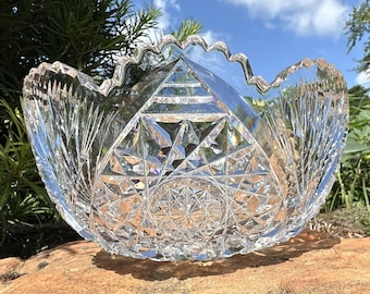 Antique ABP Cut Crystal Centerpiece Bowl: Hobstar, Fan & Sawtooth