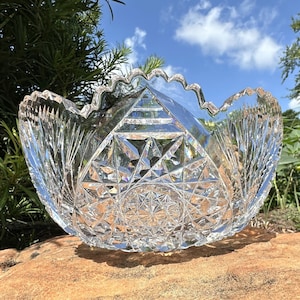 Antique ABP Cut Crystal Centerpiece Bowl: Hobstar, Fan & Sawtooth