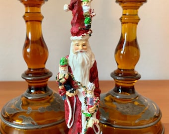 Vintage Pencil Santa Ornament/Skinny Hand Painted Santa Ornament & 5 Tiny Santa Elves/Hand Painted Santa with Elves Ornament/6" Long Santa