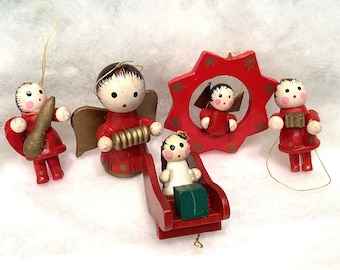 Set of 5 Vintage German Wooden Angel Ornaments/Tiny Musical German Ornaments/Miniature Hand Painted Wooden Angel Ornaments/Angel Ornaments