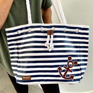 Hong Kong Disney Travel Bag/Disney Nautical Sachet/Blue & White Striped Bag/Mickey Mouse Logo Shoulder Bag/ White Rope Handles/Never Used