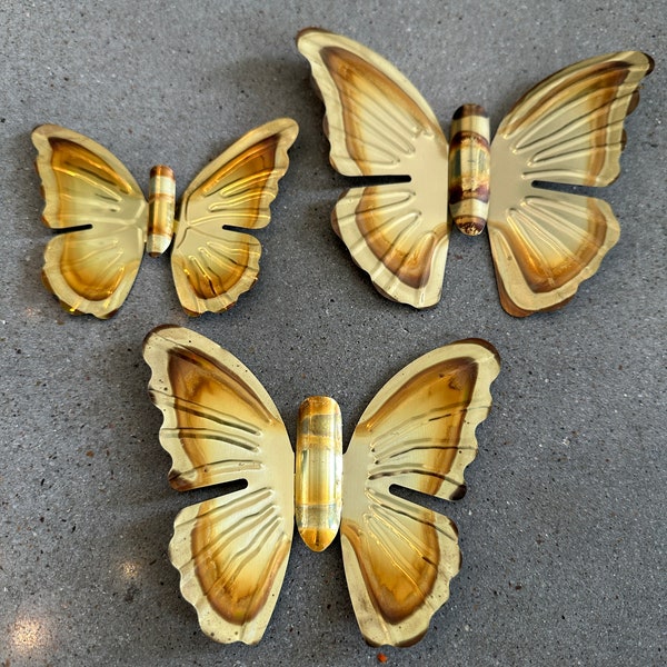 Vintage Brass Metal Butterfly Wall Art/Set of 3 Shiny Gold-Copper Fluttering Butterfly Wall Hangings/Butterfly Wall Decor/Sold in Sets of 3