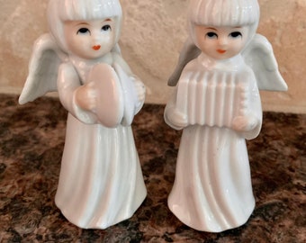 Set of 2 Vintage Musical Angel Figurines/White Porcelain Child Angels with Cymbal & Accordion/Young Child Cherub Angels/Musical Angels
