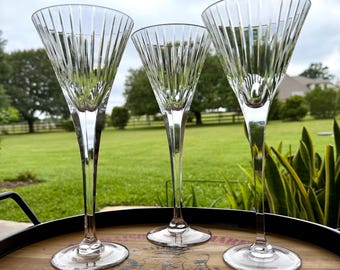 Rare Tall Ribbed Stemware: 3 Hand Blown Wine Martini Glasses