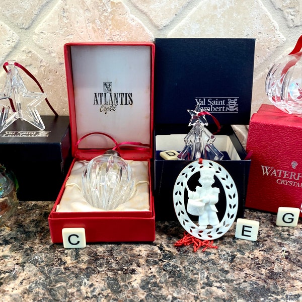 Vintage Designer Crystal Glass Ornaments: Waterford, Val Saint Lambert, Atlantis, Lenox, Tree of Life/Ball Teardrop Crystal Glass Ornaments