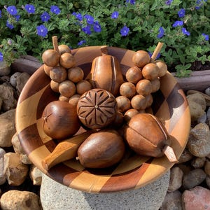 Vintage Hand Carved Wooden Fruit & Maple Walnut Centerpiece Bowl Set