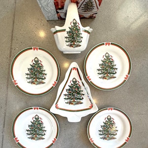 Vintage Christmas Tree Plate Set: 1990s Porcelain Ribbon & Tree Design
