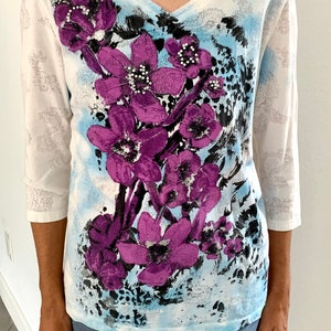 Vintage 1990&#39;s Style & Company Sport Women&#39;s Blouse/Purple and Black Painted Blouse with Silver Sequins/VTG Soft Cotton Poly Tee Shirt