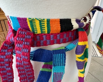 Vintage 1970s Handwoven Wool Belt Sash: Colorful Boho Style