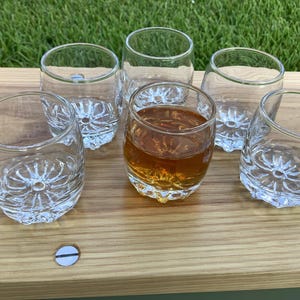 Vintage Crystal Liqueur Glasses Set/1970&#39;s Set of 6 Rounded Shot Cordial Glasses with Flower Base/Vintage Shot Cordial Barware
