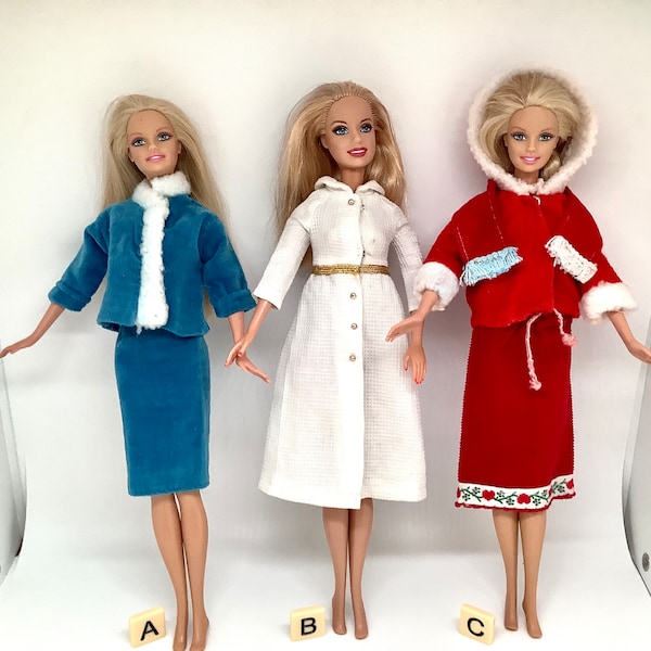 Barbie Clothing/Choice of Barbie Winter Clothes/Blue Velvet Suit/Skipper Bright & White Coat/Red 3-Piece Suit/Fur-Trimmed/Doll Not Included