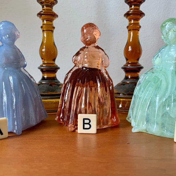 Vintage Glass Lady Figurines/Rosso Colonial Charlotte Glass Statues: Blue Iridescent, Mint Green-White Slag, Meadow Rose Amber