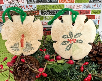 Vintage Real Sand Dollar Christmas Ornaments: Set of 2, Hand-Painted, Candle, Holly