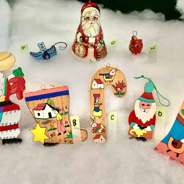 Vintage Mexican & Russian Christmas Ornaments/Hand Painted Wooden Ornaments/ Farm Life Mexican Ornaments/ Russian Santa Ornament/Matryoshka