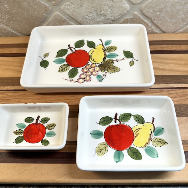 Set of 3 Purinton Style Dishes/Hand Painted Apple, Pear & Grapes Small Trays/Hors d'oeuvres, Relish Trays/Trinket Trays/Purinton Style Trays