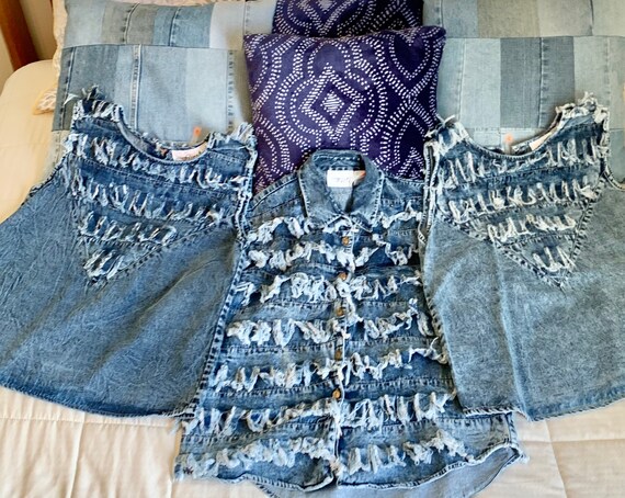Vintage Denim Women s Blouse Tops retro 80 s Flirt Denim Jacket Shirts denim Jacket Tops ruffled Denim Jacket and Blouses price per Top Etsy Canada