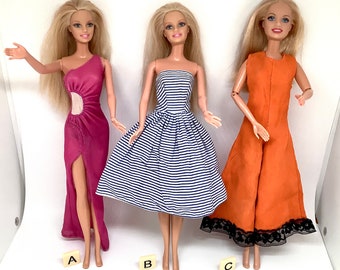 Vintage Barbie Clothes/Barbie Evening Party Outfits/Cotton Stripe Dress/One Shoulder Gown/Spanish Lace Jumpsuit/Sold Separately