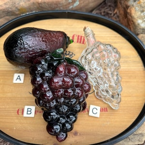 Vintage Art Glass Fruit: Grapes, Avocado, Grape Bottle/Murano-Style Grape Cluster, Avocado, Clear Grape Bottle/Art Glass Centerpiece Fruit