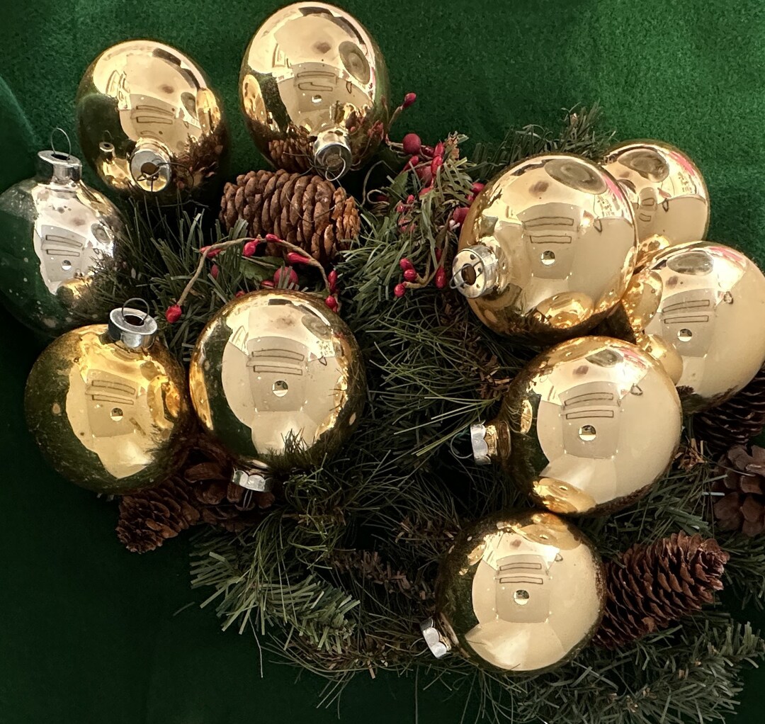 Set of Vintage Gold Glass Ball Ornaments With Shiny Brite Style Caps