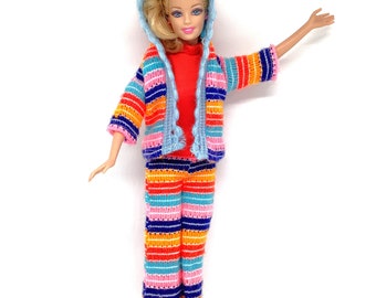 RARE! Vintage Barbie Knit Outfit/Genuine 50's Mod 3-Piece Outfit/Bold Striped Knit Hooded Jacket and Pants/Red Shirt/Doll Not Included