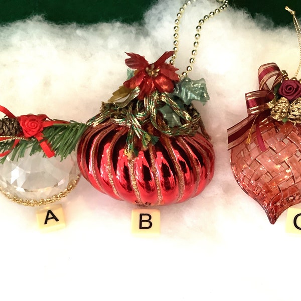 Choice: Vintage Flower Topped Acrylic Ornaments-Teardrop, Lattice, or Clear Prism Ornament with Faux Flowers, Beads, Ribbon/Sold Separately