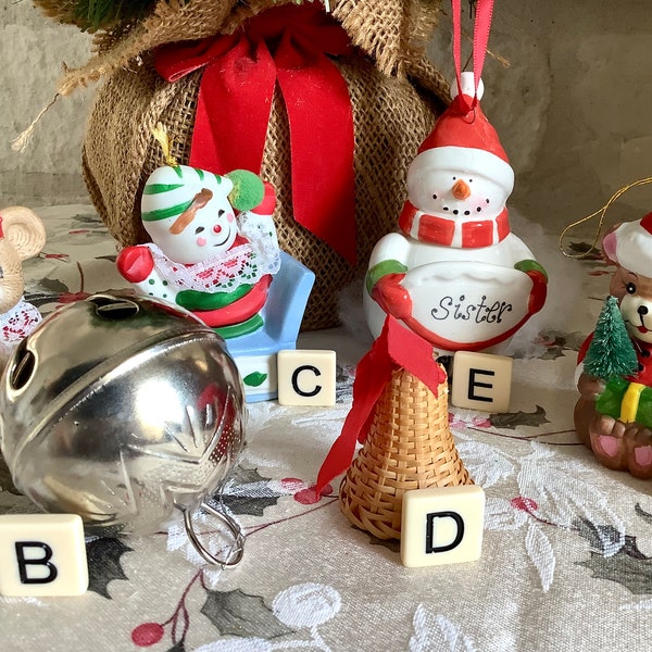Vintage Bell Ornament:Jasco Caring Critter Bell, Silver Star Bell, BOA Jack in Box Bell, Wicker Bell, Sister Snowman Bell, Giftco Teddy Bell