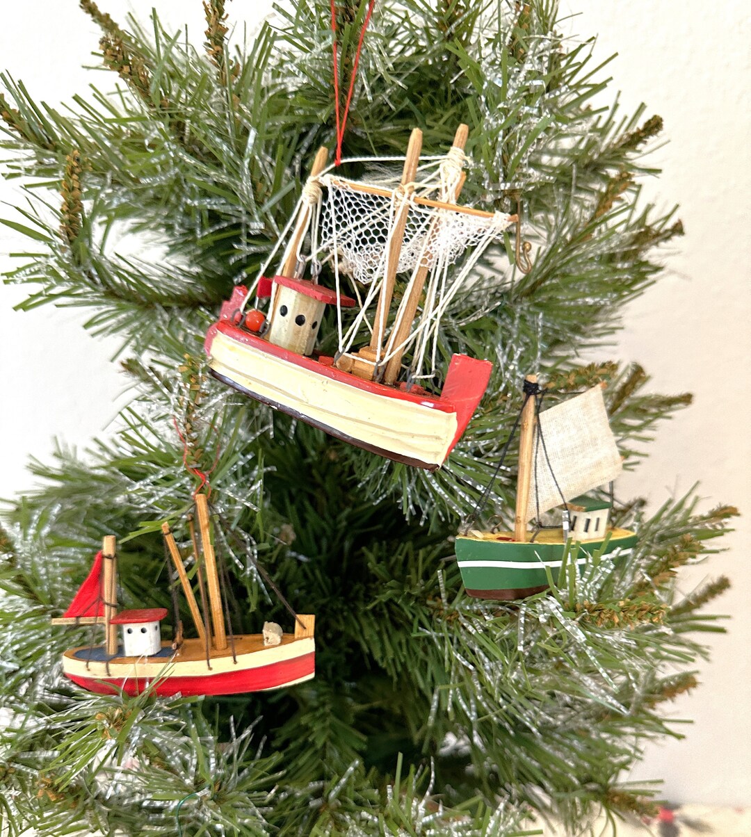Set of 3 Fishing Trawler Christmas Ornaments/handmade & Hand Painted Wood Fishing Boat Ornaments