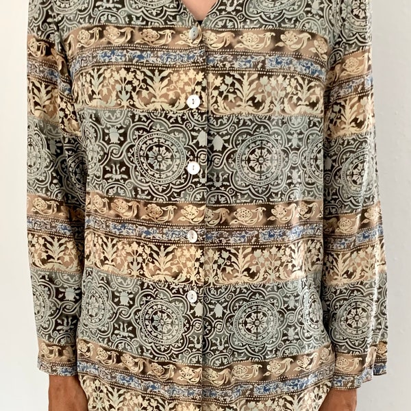 Vintage Rafaella Silk Blouse/Blue-Green and Beige Floral Pattern Long Sleeve Blouse/Raffaella 100% Silk Blouse with Abalone Shell Buttons