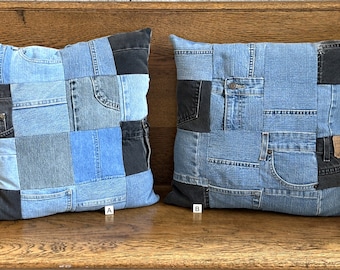 Handmade Vintage Blue Jean Pillow: Upcycled Denim Patchwork Cushion