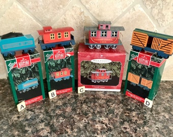 Vintage Train Ornaments/Hallmark Keepsake Train Ornaments/Yuletide Central Caboose 1998/Skyline Caboose, Coal Car, Stock Car 1992 Ornaments