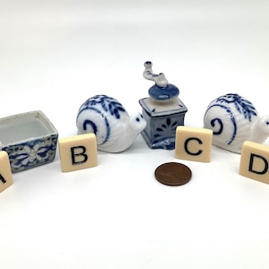 Vintage Blue & White Porcelain Miniatures: Ucgc Snails, Square Dish, Coffee Grinder for Dollhouse, Shadow Box Display/Price per Item