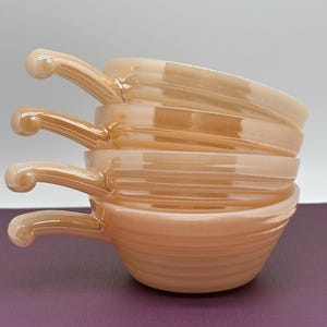 Vintage Anchor Hocking Fire King Peach Luster Soup Bowls/Beehive Design/Milk Glass Center & Handle/Set of 4 Iridescent Peach Fire King Bowls