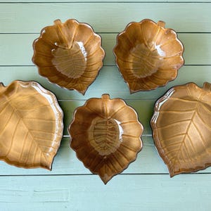 May include: Five leaf-shaped ceramic bowls in varying shades of brown and gold. The bowls have a glossy finish and detailed vein patterns, with a dark brown rim. The bowls are arranged on a light green wooden surface.