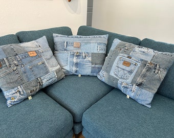 Handmade Vintage Blue Jean Pillow: Upcycled Denim Patchwork