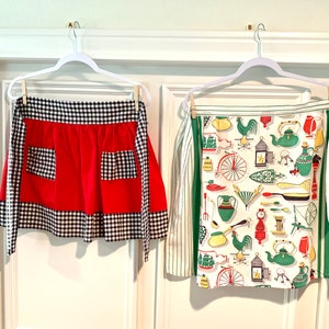 Vintage Aprons/Half Aprons/Red Apron with Black & White Gingham Pockets/Antique Kitchen Tools Towel Apron/Sold Individually