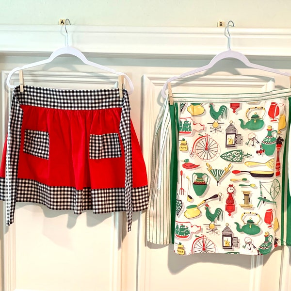 Vintage Cooking Aprons/Red with Black & White Gingham Pockets and Trim/Green and Red Antique Kitchen Tools Towle Apron/Vintage Half Aprons